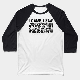 i came, i saw i forgot what i was doing retraced my steps got distracted on my way back have no idea what's going on and now i have to pee Baseball T-Shirt